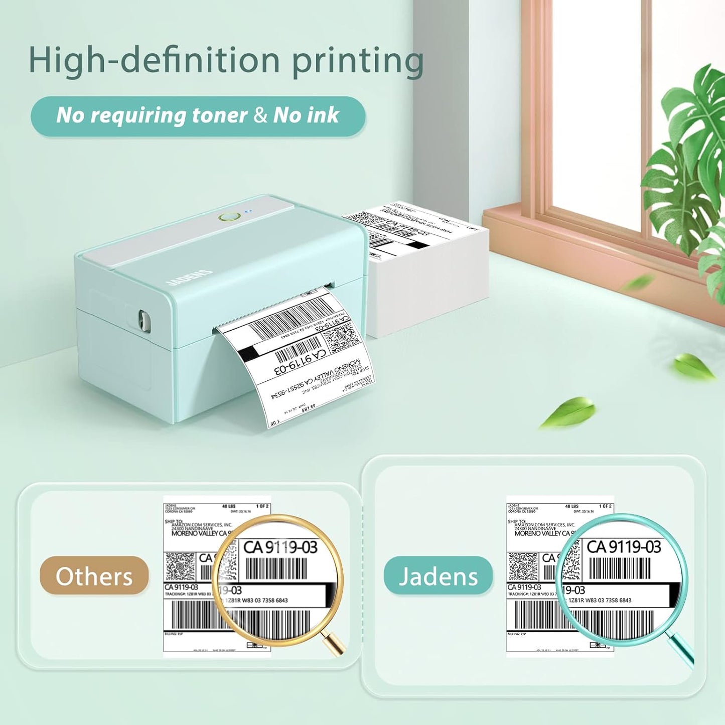 JADENS Bluetooth Thermal Label Printer -Wireless Shipping Label Printer for Small Business & Package, USPS, Etsy, Amazon, Compatible with iPhone, Windows, Android, 4x6, Label Maker, Green
