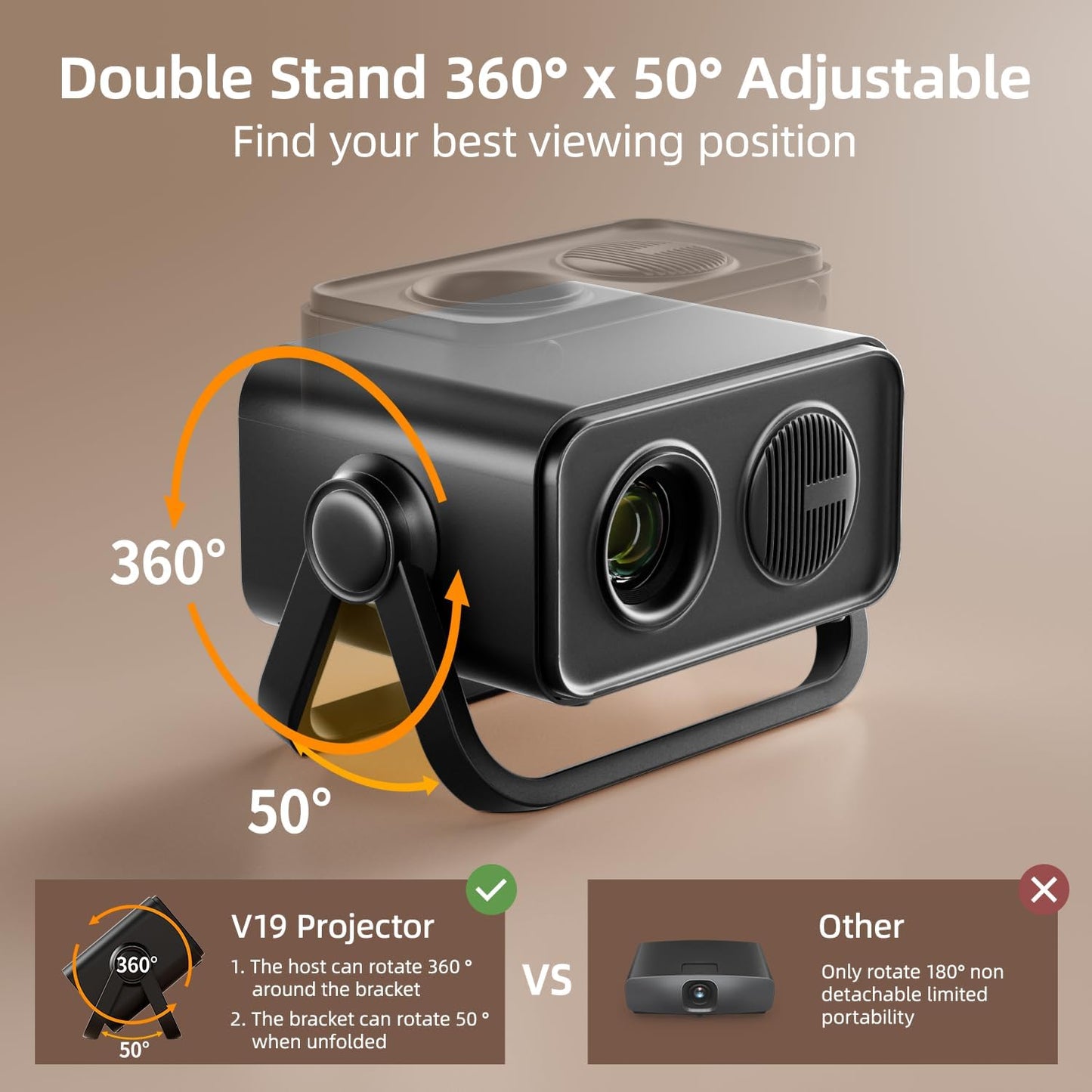 BKZ 2025 upgraded 360°Adjustable Dual Stand AI Auto Keystone Electric Focus Mini Portable Projector with Bluetooth 5.4, 1080P support Outdoor movie Projector compatible with HDMI/USB/Phone (Black)