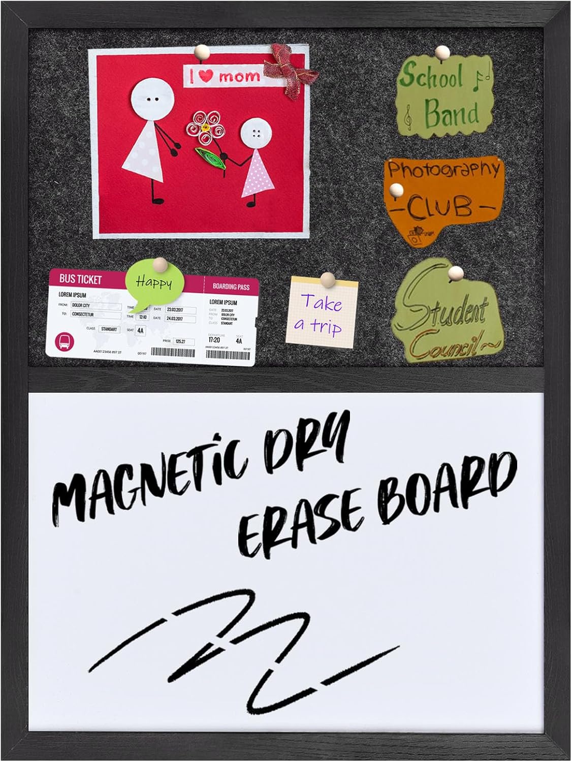 Whiteboard Bulletin Board Dark Gary Felt Board Combo for Office School Kitchen Bedroom, Black Wood Frame,17.7"*23.6",Whiteboard+BK-4560BK