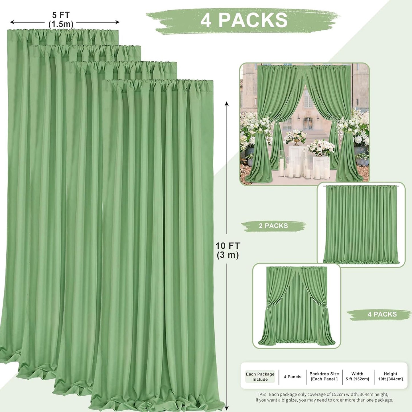 Sage Green Backdrop Curtains 20x10ft: Outdoor Polyester Photo Backdrop Drapes - 4 Panels 5x10ft for Rustic Birthday Party Background Decoration
