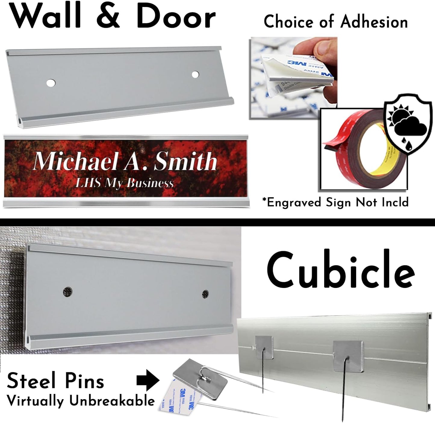 2x6 Executive Name Plate Holder, Silver Aluminum Adhesive Door Mount for Wall Plaques, Mailbox Signs and Cubicles | Made in USA