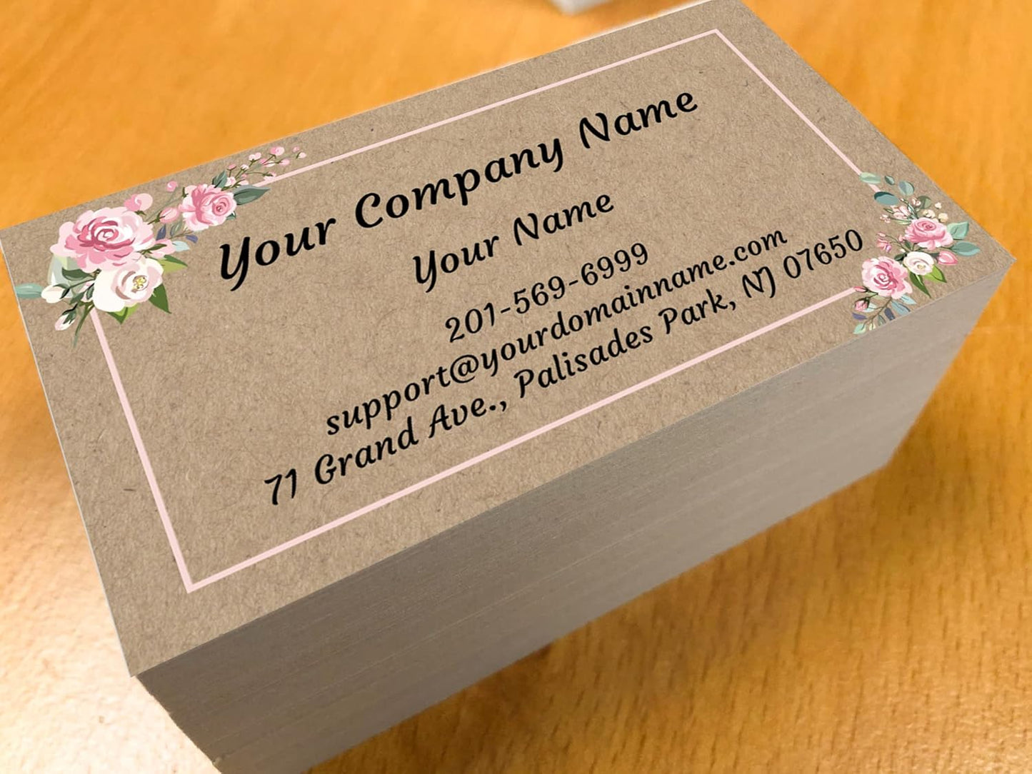 Custom Premium Business Cards 100 pcs Full color - Printed on 16pt(350gsm) or14pt (308gsm) Classic matte paper, Made in The USA (Kraft-Floral)
