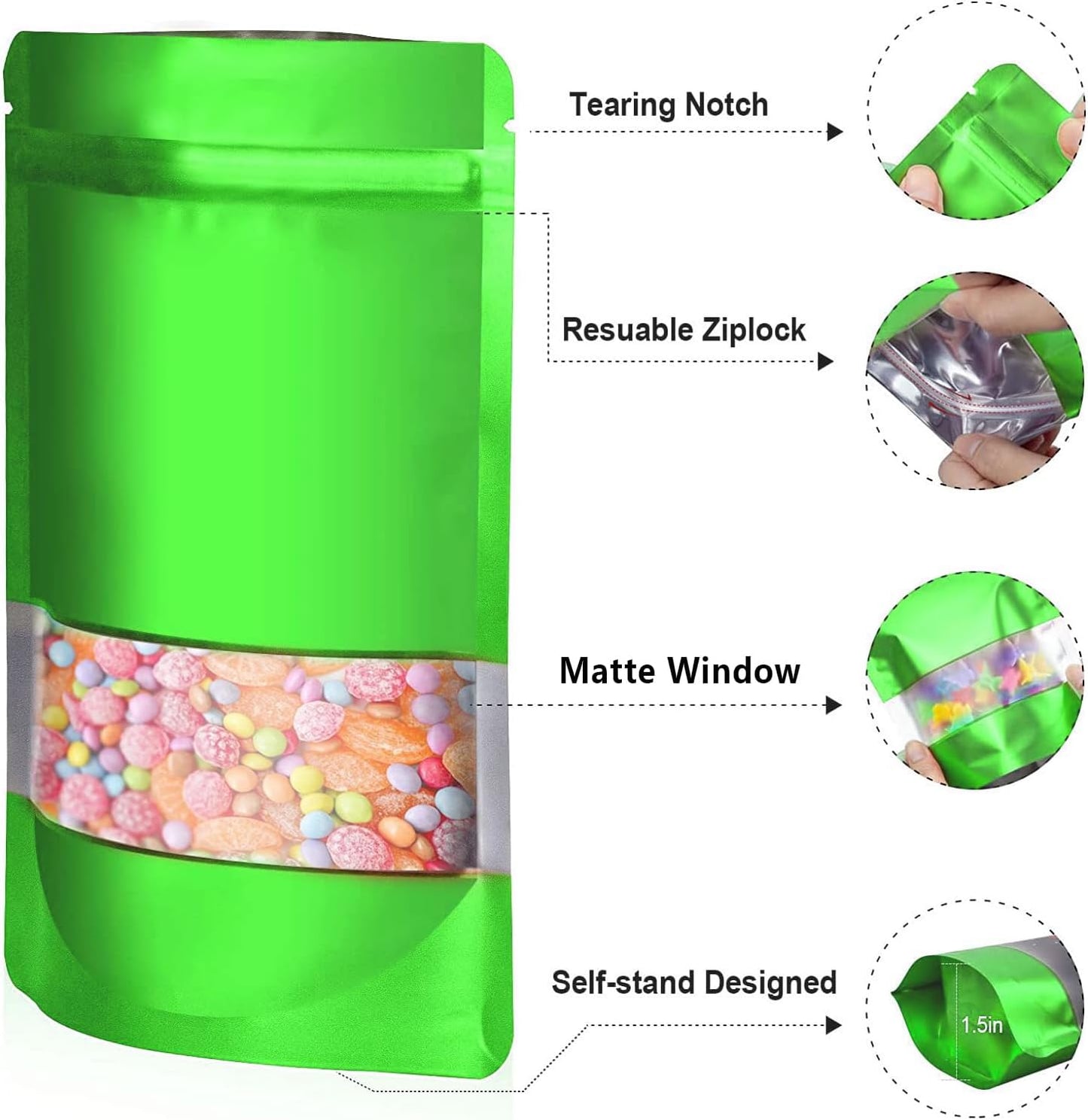 5.9"x8.6" 120pcs Mylar Bags for Food Storage,Smell Proof Bag with Matte Window Resealable Food Storage Bags for Small Business, Stand-up Foil Pouch Packaging Freeze Dried Candy Bag（Green）