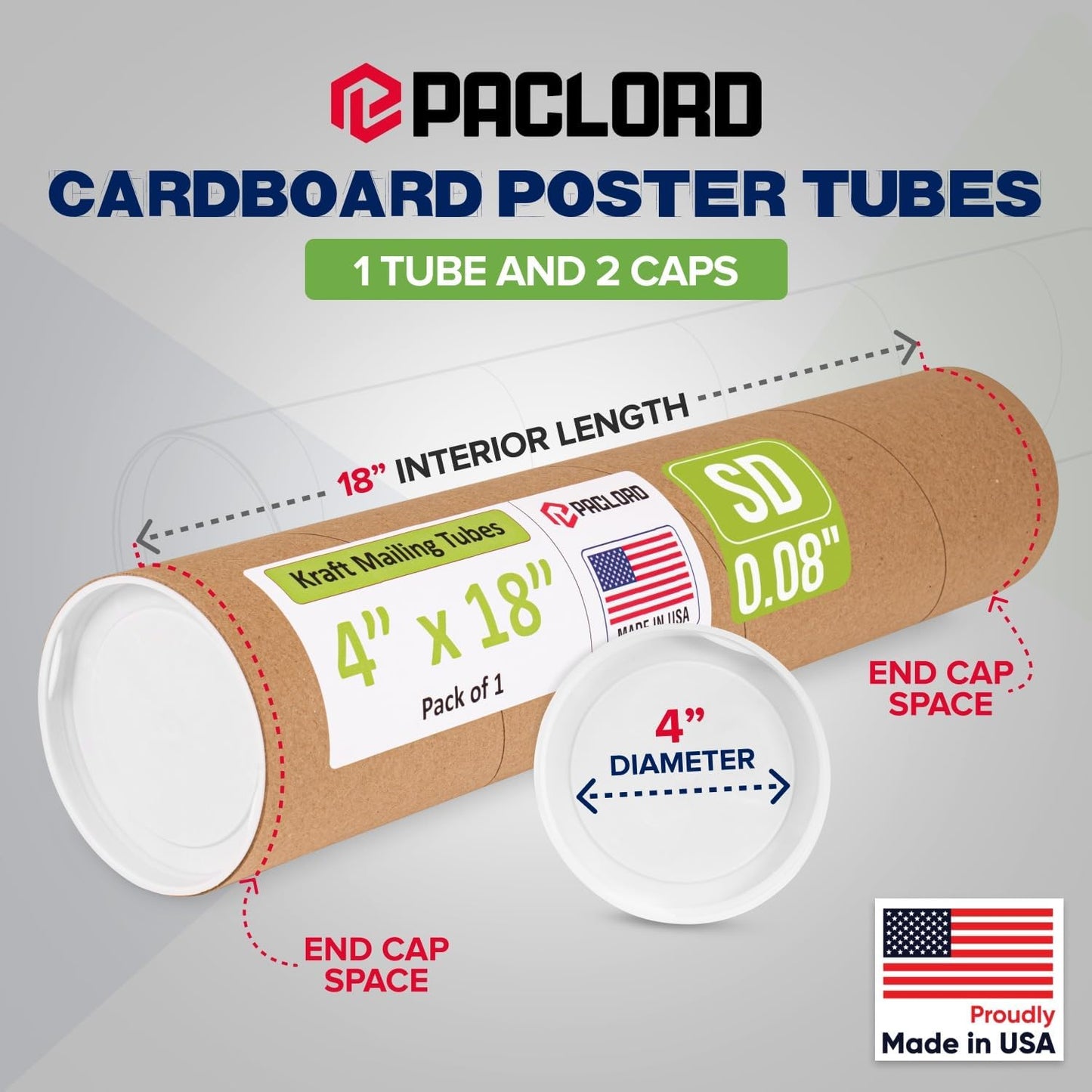 4" x 18" Reinforced Kraft Paper Mailing Tube, Pack of 1 Tube with 2 Caps – Secure USPS Approved Poster Tube – Cardboard Tube for Shipping and Storing of Posters, Prints, Artwork, or Documents