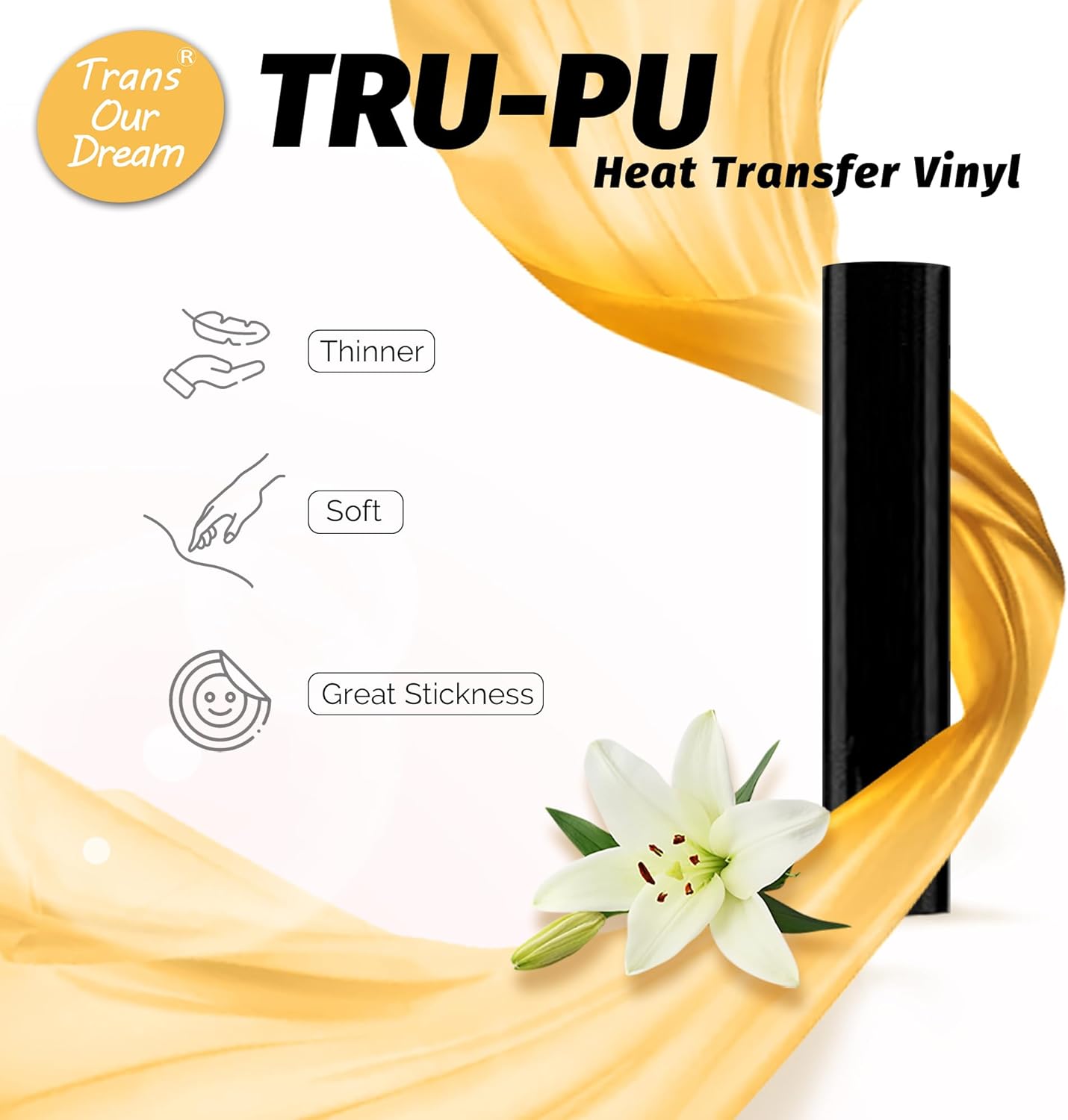 TransOurDream Tru-PU Heat Transfer Vinyl Roll, 12'' x 8ft Matte Black Vinyl for Explore AIR 2, Maker, Cameo, Matte Black HTV Vinyl for T-Shirts, Thinner, Soft, Sticky, Unprintable