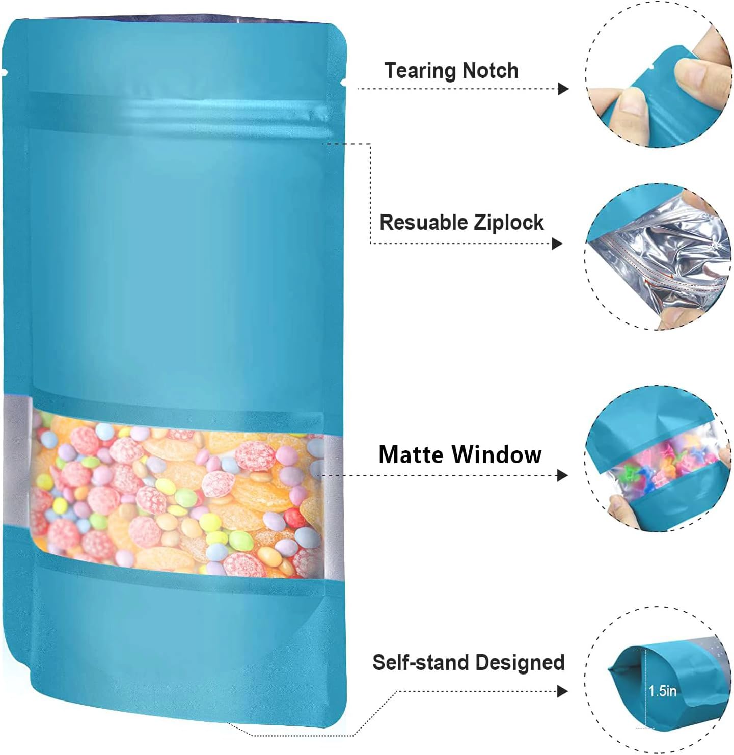 4"x6" 120pcs Mylar Bags for Food Storage,Smell Proof Bag with Matte Window Resealable Food Storage Bags for Small Business, Stand-up Foil Pouch Packaging Freeze Dried Candy Bag(Blue)