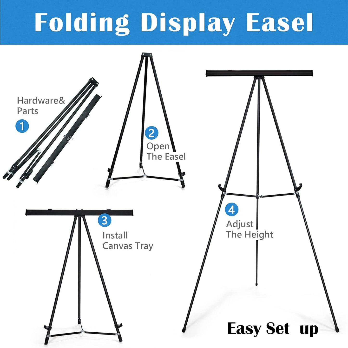 Falling in Art Aluminum Flip Chart Display Easel Stand with Adjustable Floor for Boardroom, Whiteboard, Paper Pads, Signage, 63 1/2'' High, Black