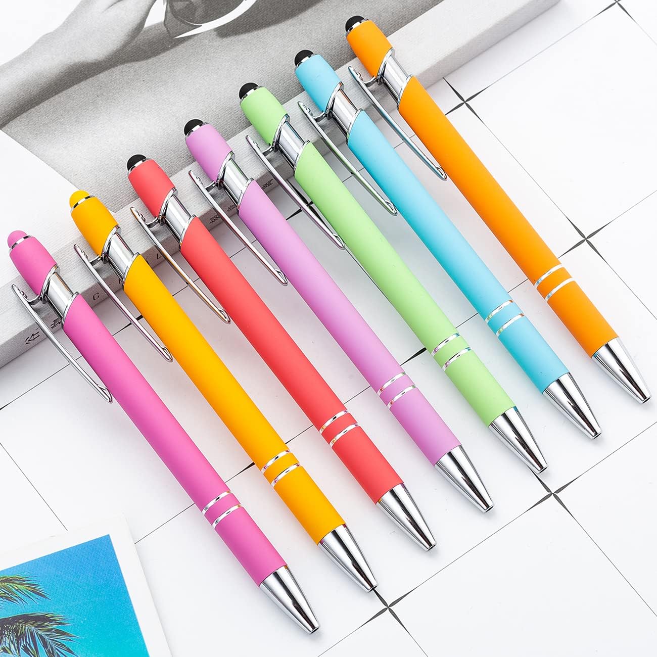 PASISIBICK 8 Pieces Ballpoint Pens 2-in-1 Stylus Retractable Metal Stylus Pen for Touch Screens with Stylus tip, 1.0 mm Black Ink (8 Pastel Colors)