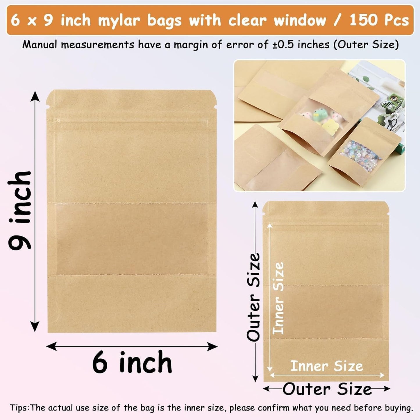 150 Kraft Mylar Bags for Food Storage 6X9 Mylar Bags with Window Candy Packaging Resealable Bags Reclosable Small Stand Up Pouches Edible Packaging, Kraft Paper Bags for Small Business