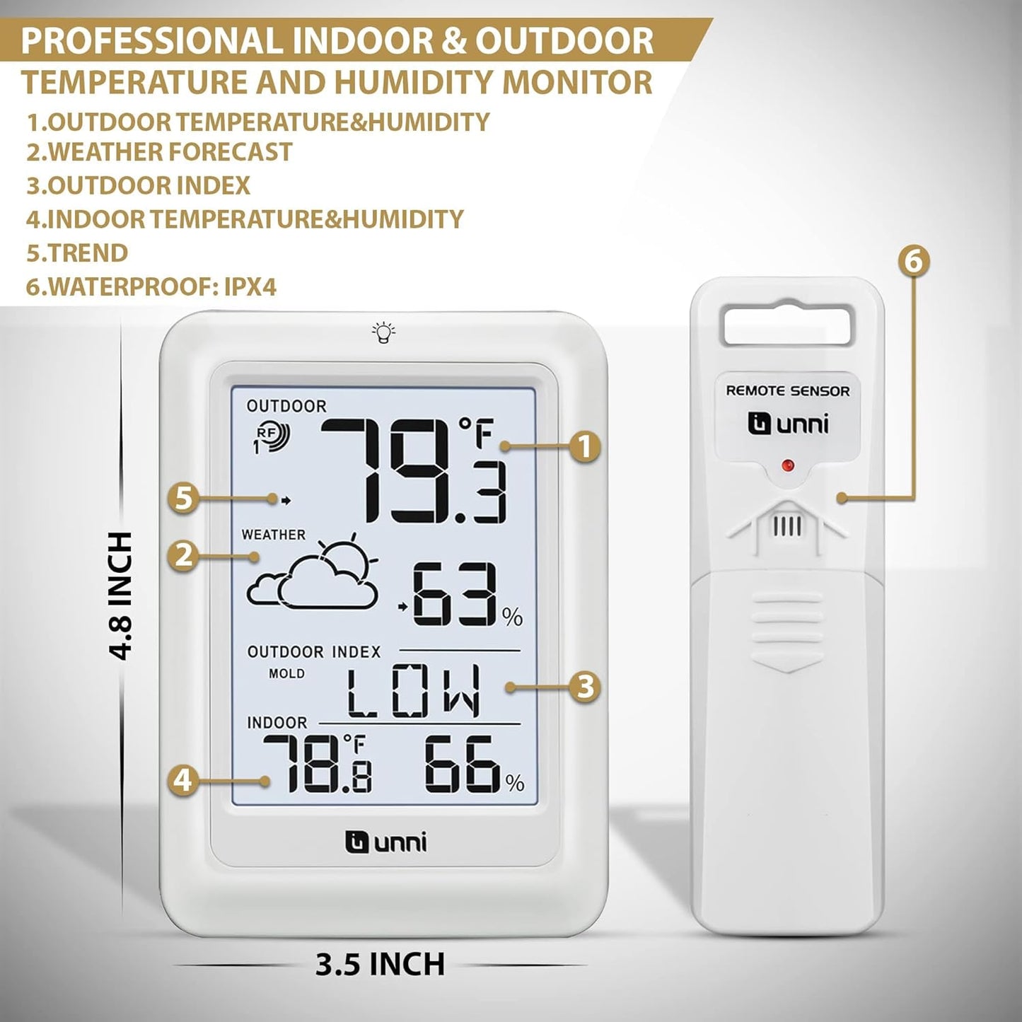 Indoor Outdoor Thermometer Wireless Weather Station, Temperature Humidity Monitor Battery Powered Inside Outside Thermometers with 330ft Range Remote Sensor and Backlight Display（WH01）