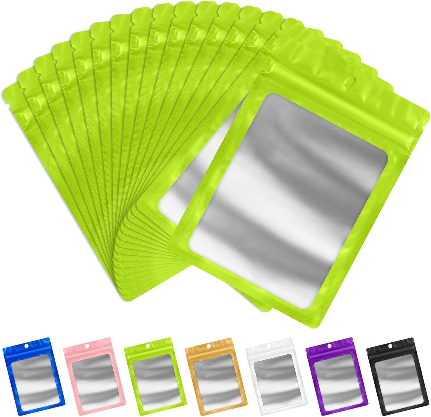 FUNFERY 100 Pack Mylar Resealable Bags Foil Packaging Bags with Clear Window,Zipper Pouch Smell Proof Bag for Food Storage,Cookies,Sample,Small Business(Green,4x6inch)
