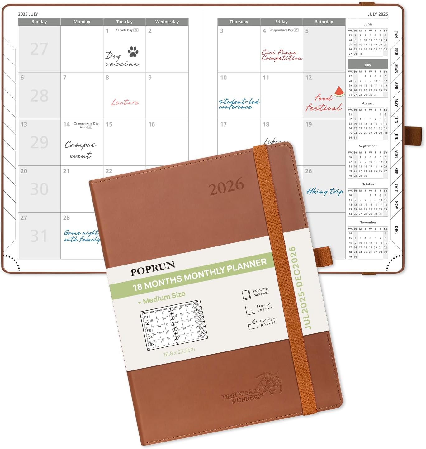 POPRUN Monthly Planner 2025-2026 (Medium- 6.5'' x 8.5'' Soft Cover), 18-Month Calendar Book (Jul.2025-Dec.2026), Calendar Planner with Monthly Tabs & Pocket, 100 GSM Paper - Brown