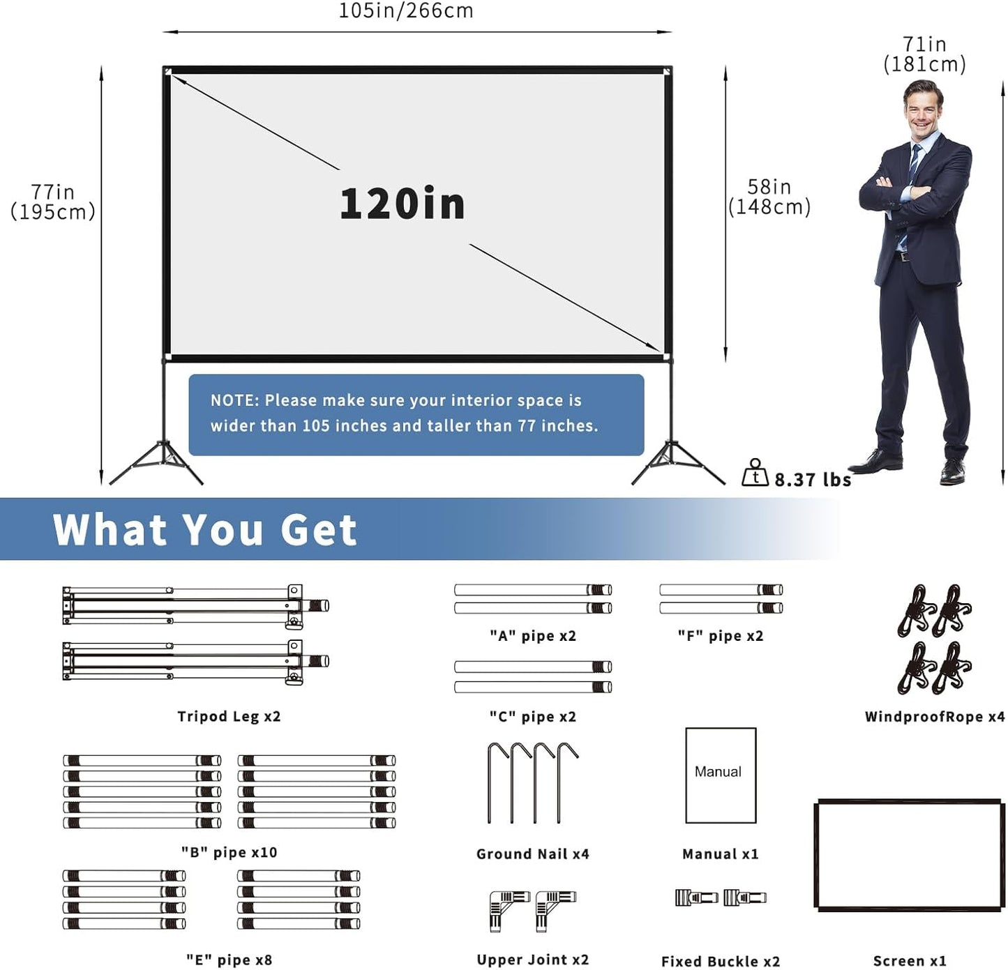 Projector Screen with Stand 120 Inch, 16:9 4K HD Portable Projector Screen Indoor Outdoor, Foldable Wrinkle-Free Movie Screen 160° Front Rear Projection Screen with Carry Bag for Home Movie