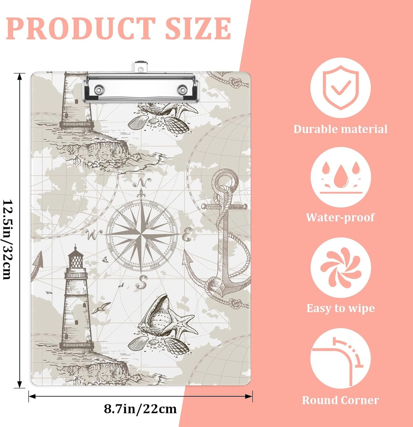 Compass Lighthouse Plastic Clipboards,Cute Fashion Clipboard Decorative 8.5" x 12.5"Standard A4 Size Clipboards,Acrylic Clipboard for Teacher,Social Worker,Students,Nurse,Office Supplies