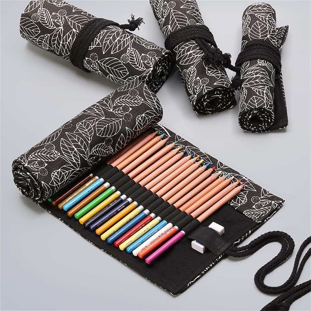 DIYOMR 12/24/36/72 Slots Pencil Wrap Roll, Artist Colored Roll Up Bag, Short Brushes Pouch Case Organizer for Drawing Coloring and Sketching, No Pencils (Black Leaves, 12slots)