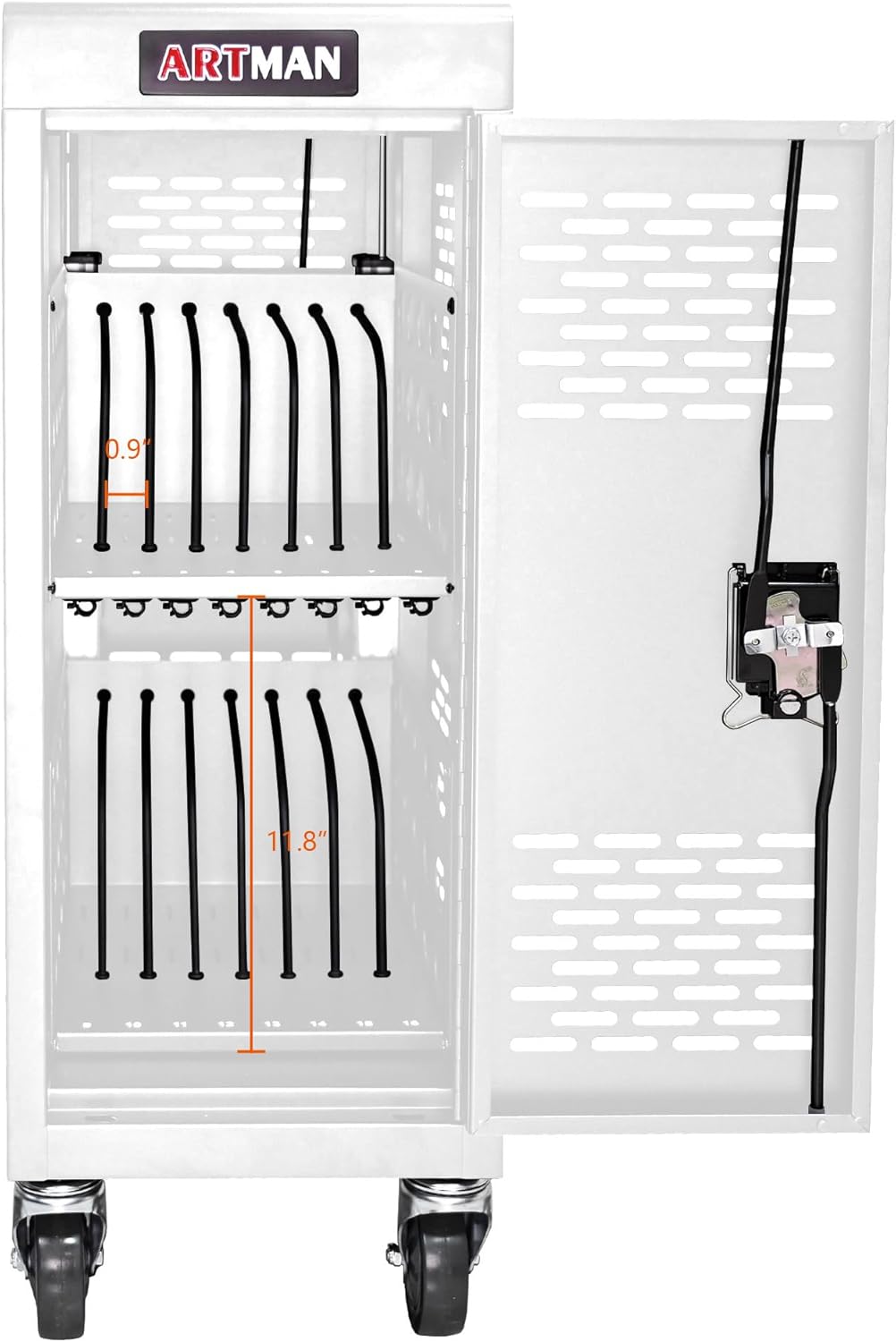 16 Device Mobile Charging Cart and Cabinet, Laptop Storage, Lockable Station, Easy Cable Management, Up to 14" Tablets and Chromebooks, White