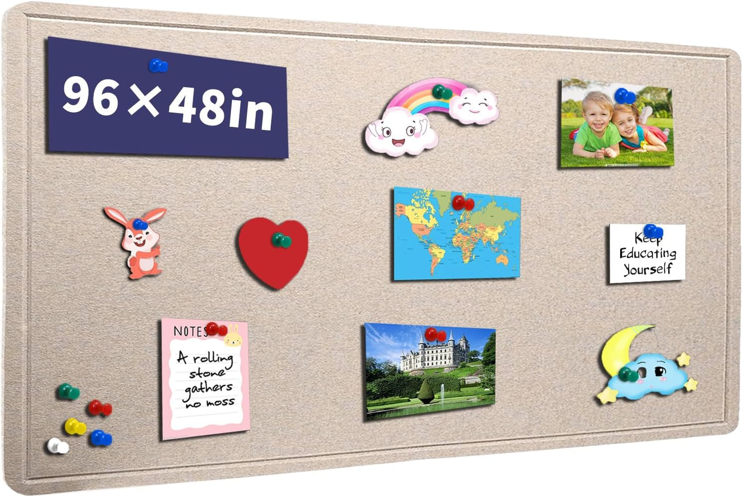 Extra Large Bulletin Board, 96 X 48 inches Cork Board with 30 Pushpin, 8' x 4' Felt Cork Board Notice Pin Board, Self-Adhesive Vision Board Mood Board Foldable Photo Board for Wall - Beige Brown