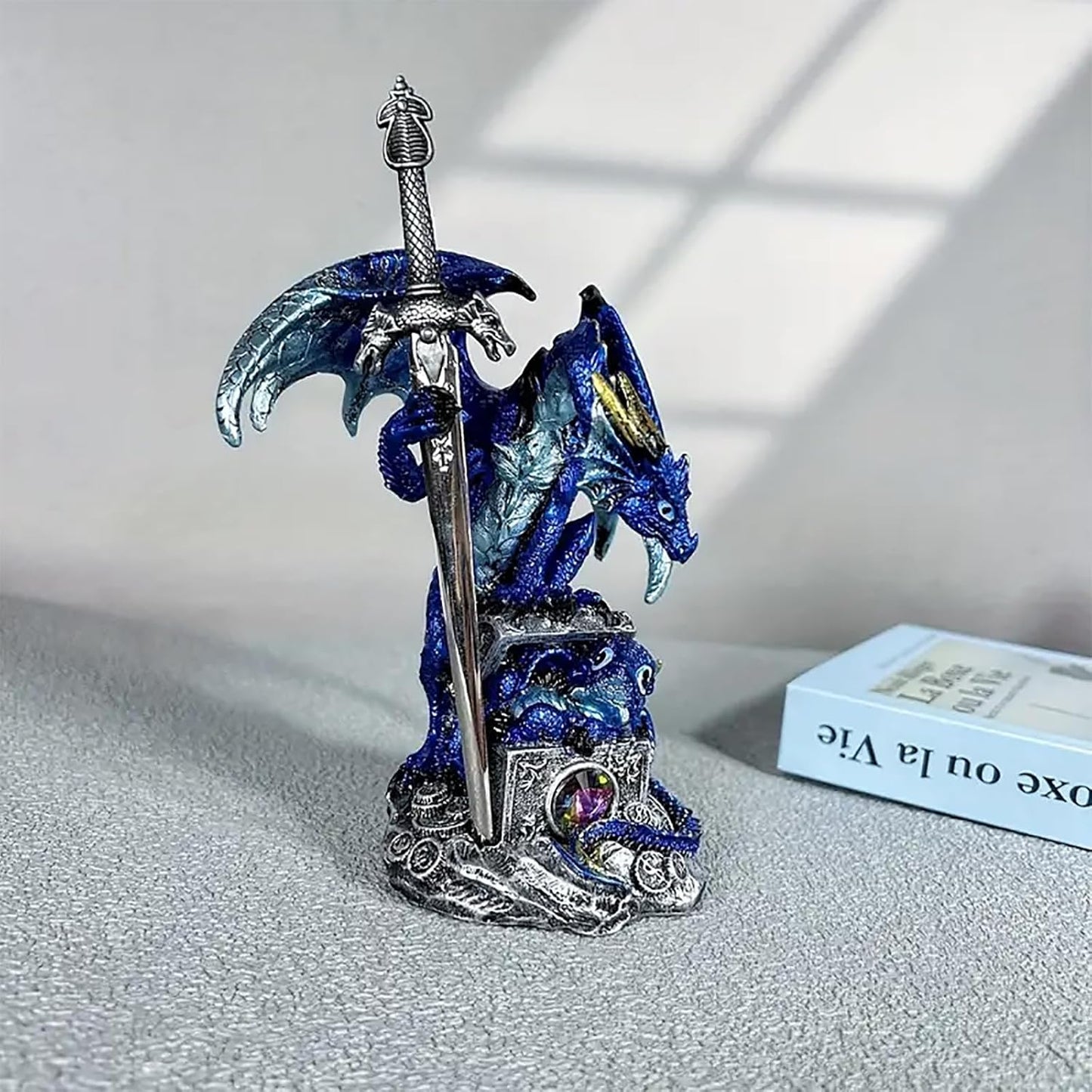 Dragon Statue Holding Silver Draconian Sword Letter Opener Figurine Dragon Sculpture Medieval Fantasy Home Office Decor 7.68 Inches (Blue)