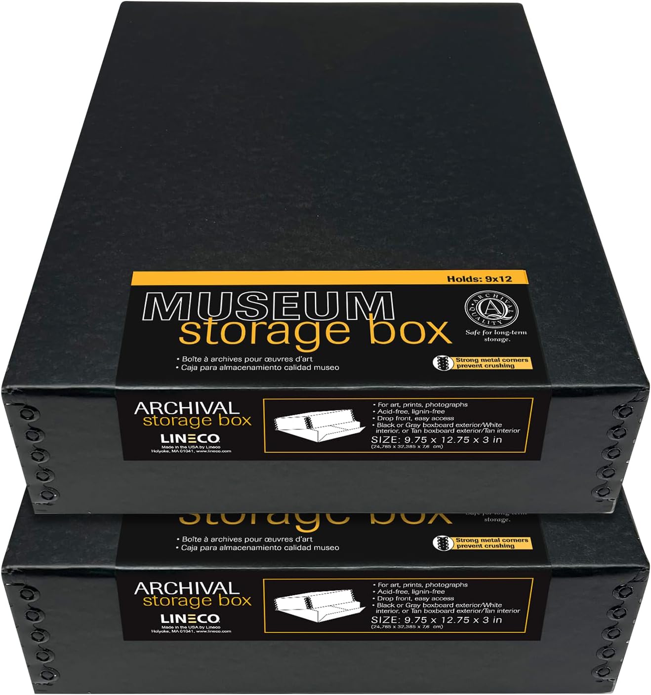 Lineco Museum Archival Storage Box, 9.75x12.75x3 in. Drop Front Design. Acid-Free with Metal Edge. Organize Photos, Pictures, Prints, Documents, Crafts, DIY. Black, 2 Pack