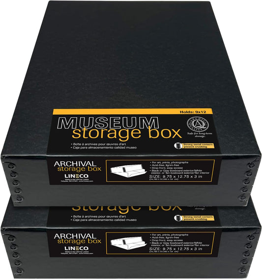 Lineco Museum Archival Storage Box, 9.75x12.75x3 in. Drop Front Design. Acid-Free with Metal Edge. Organize Photos, Pictures, Prints, Documents, Crafts, DIY. Black, 2 Pack