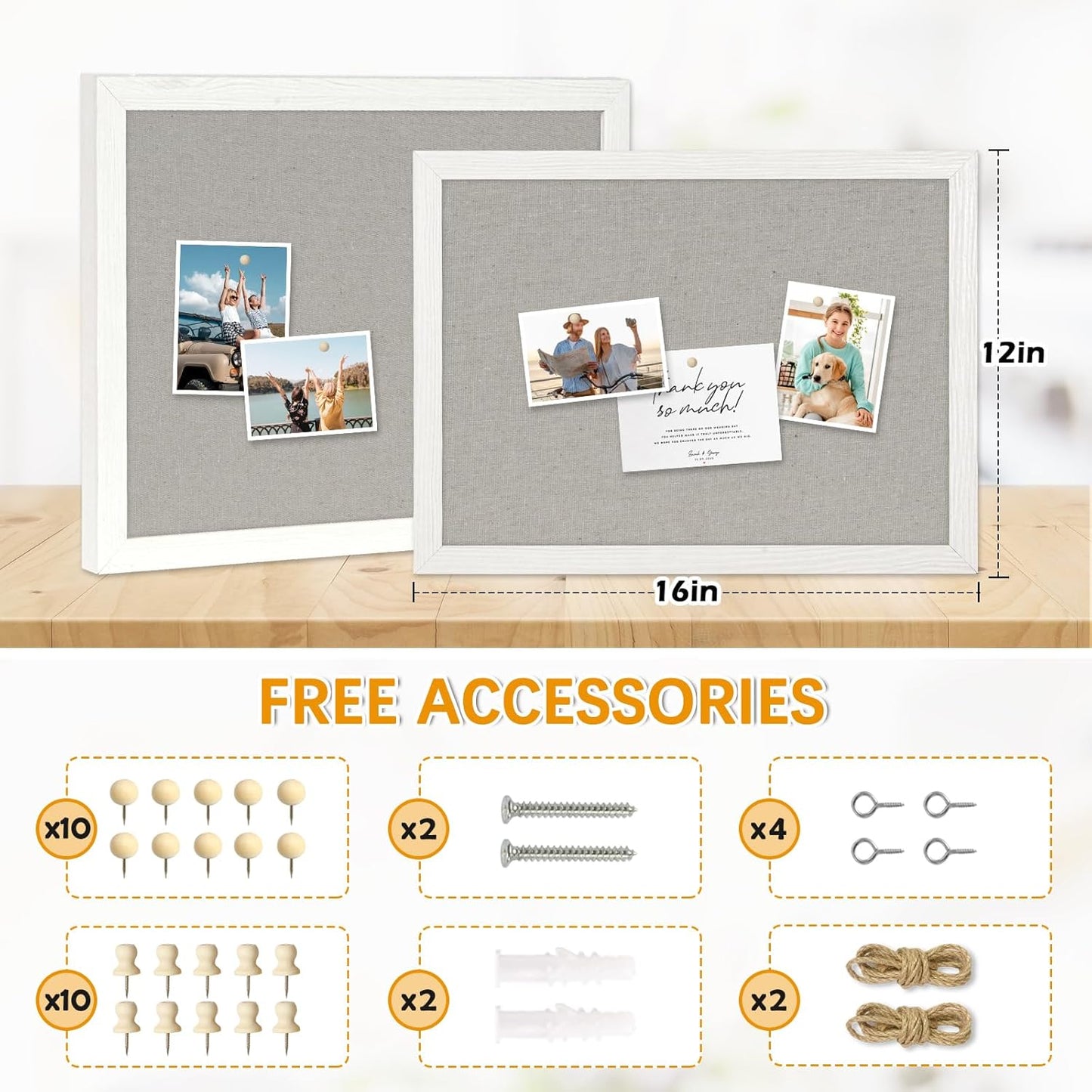 DOLLAR BOSS Cork Boards with Linen 2-Pack 16''X 12'' Cork Board for Walls White Wood Framed Small Bulletin Board Hanging Pin Board for Home Kitchen Office Decoration 20 Pushpin, Grey