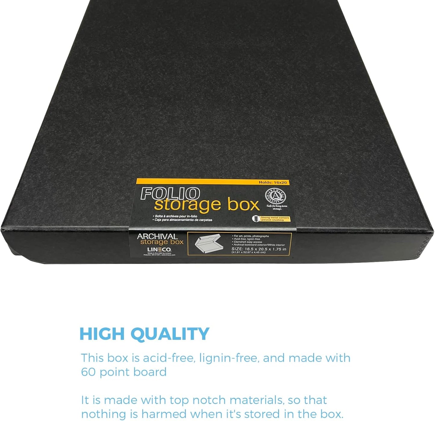 Lineco Clamshell Folio Storage Box, 16.5" x 20.5" x 1.75" Prints, Metal Edge Archival Boxboard, Color: Black