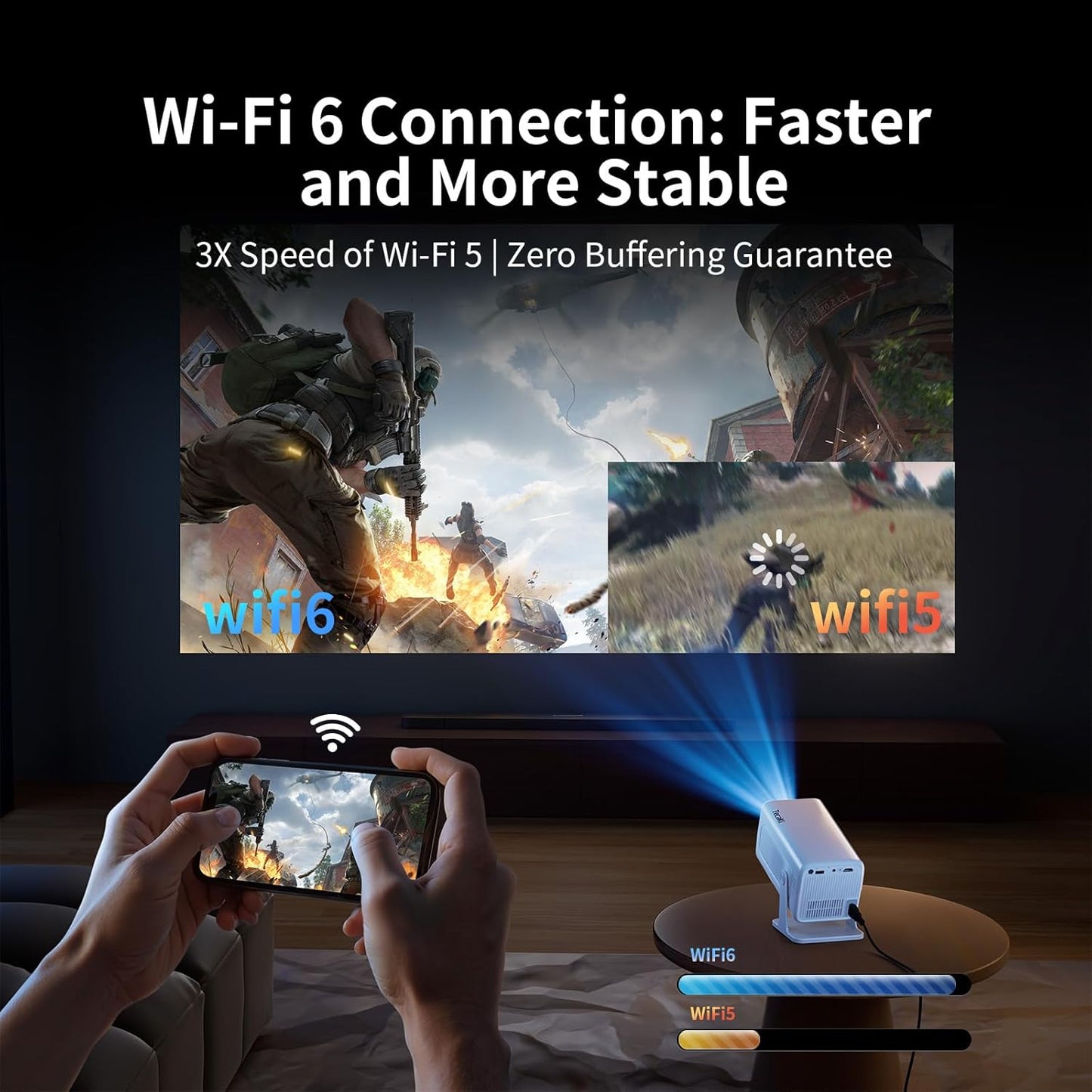 [WiFi 6.0 Sreen Mirroring] Mini Portable Projector with WiFi and Bluetooth 5.2,4K Smart Projector, Native Full HD 1080P, Mobile Phone Home Theater, Outdoor Movie Auto Vertical Correction