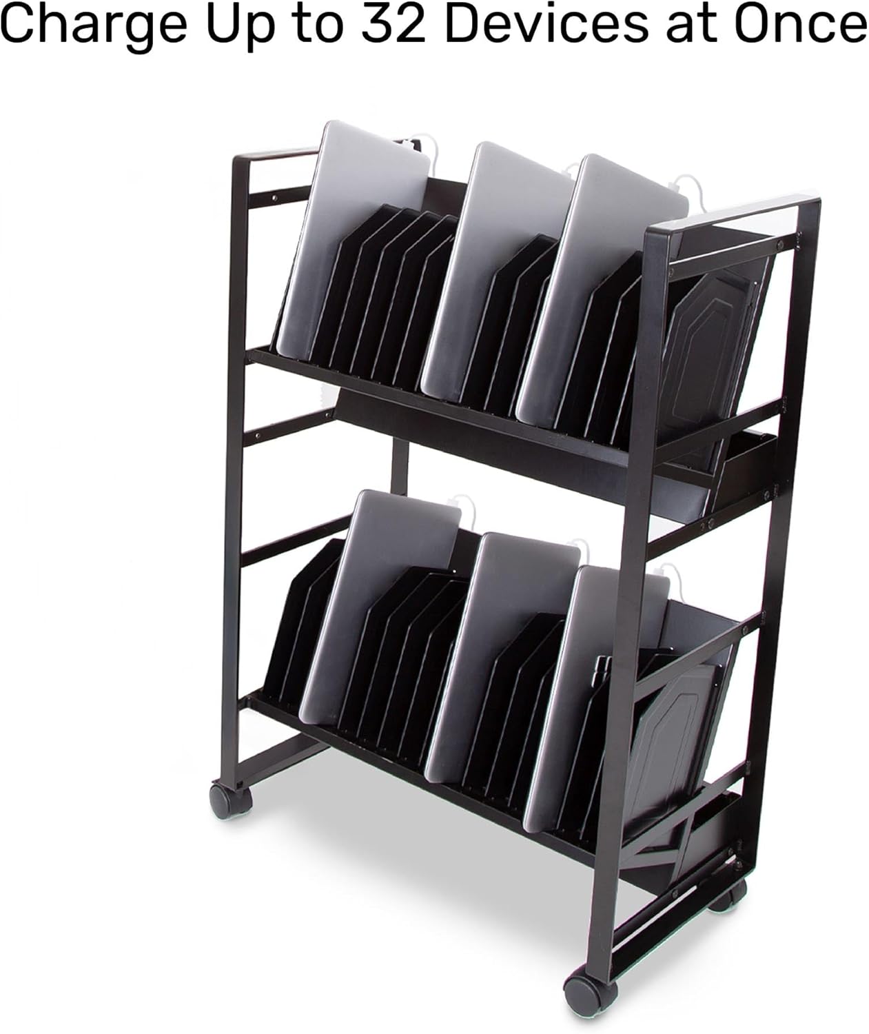 Line Leader 32-Device Mobile Charging Station | Steel Rolling Cart for Laptops, Tablets, & Chromebooks | Open Design with Dividers & UL-Certified Surge Protection | Portable Charging Stand (Black)