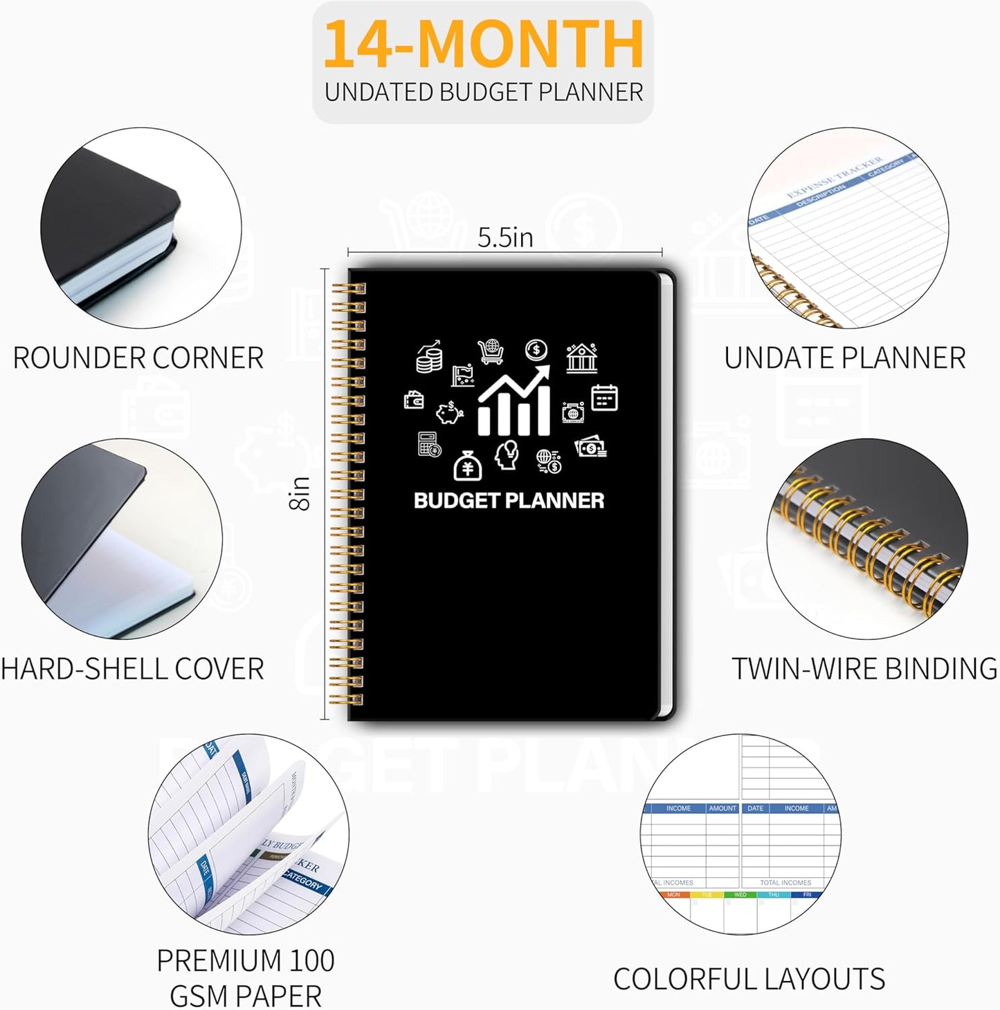 Monthly Budget Planner - 14 Months Hardcover Undated Financial Planner Organizer Budget Book with Expense and Debt Tracker Notebook to Manage Your Money Effectively, Bill Organizer