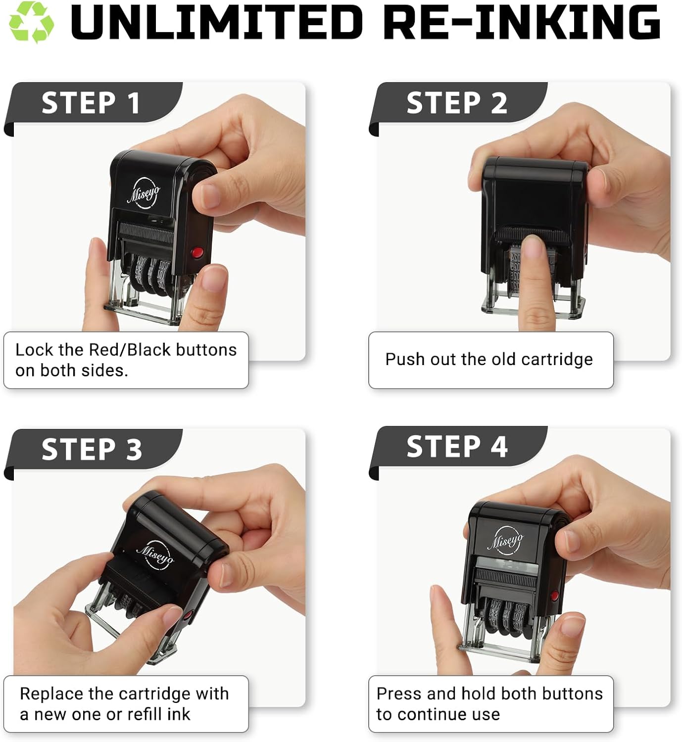 Miseyo Self Inking Date Stamp - Black (2 Black Refill Ink pad Included)