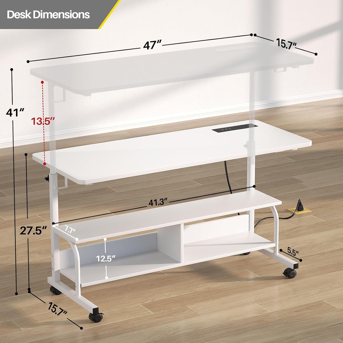 Armocity Height Adjustable Standing Desk with Power Outlets, 47" Manual Stand Up Desk with Storage Shelves Small Mobile Rolling Computer Desk Portable Laptop Table with Wheels for Home Office, White