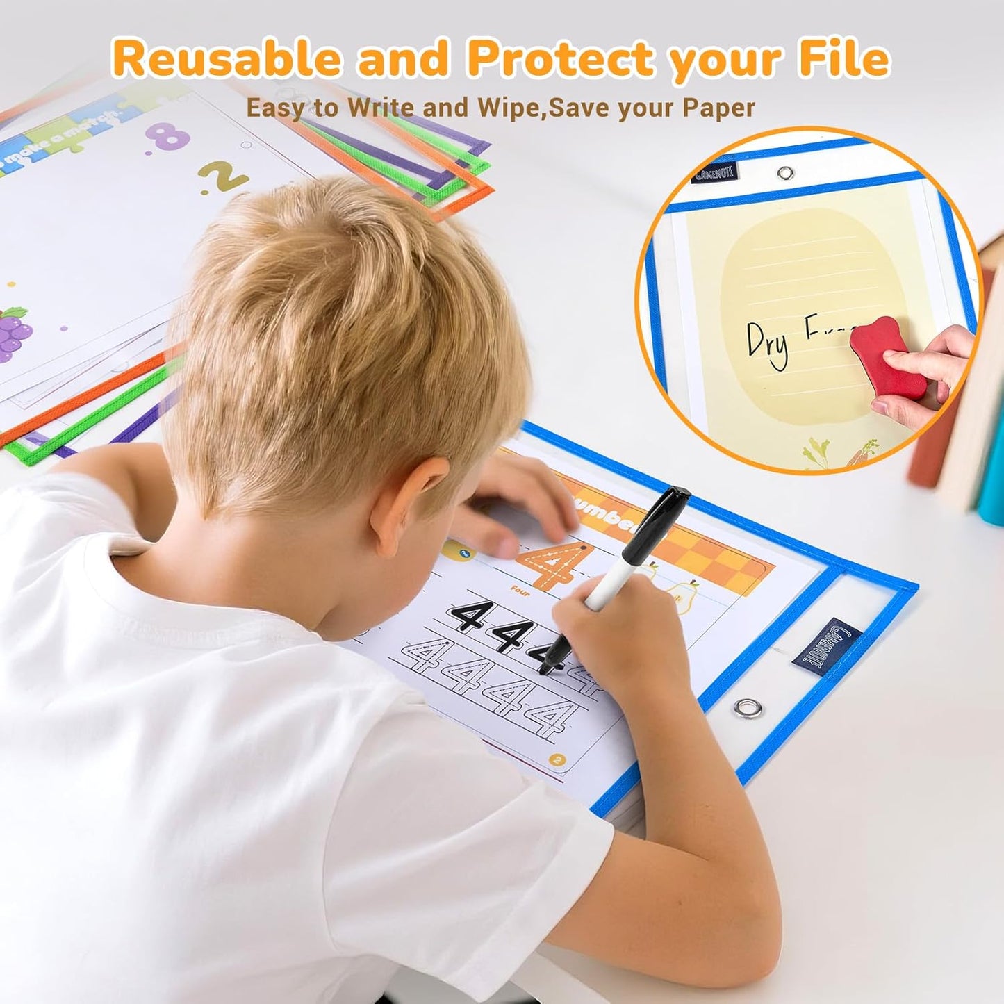 Gamenote 70 Pack Dry Erase Pockets with 5 Rings, 10 Assorted Colors 10x14 Oversized Reusable Plastic Sleeves, Clear Sheet Protectors, Teacher Supplies for Classroom Organization