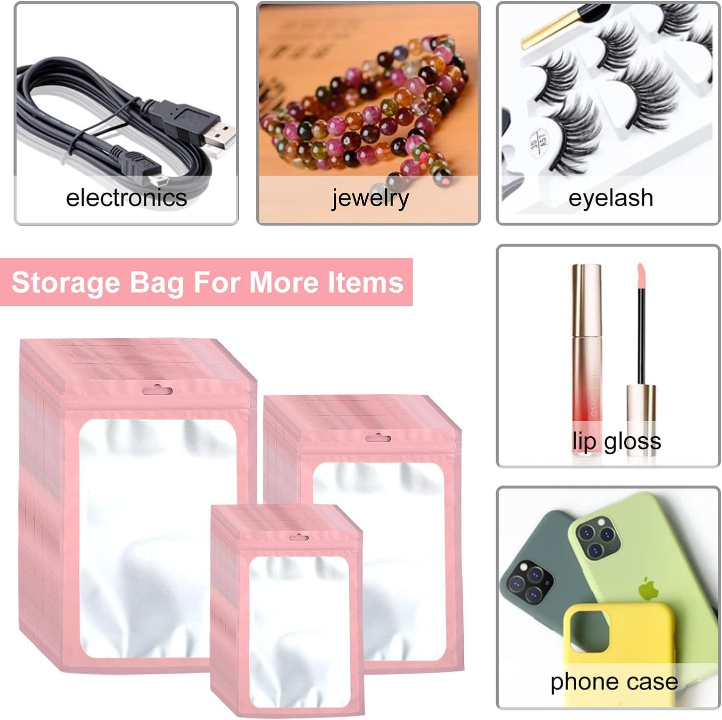 300 Pack 3 Sizes Resealable Mylar Bags Food Storage Smell Proof Bags with Front Window Packaging Pouch for Sample Snack Cookies Jewelry (Pink, 3 x 4.7 inch,4 x 6 inch,4.7 x 7.9 inch)