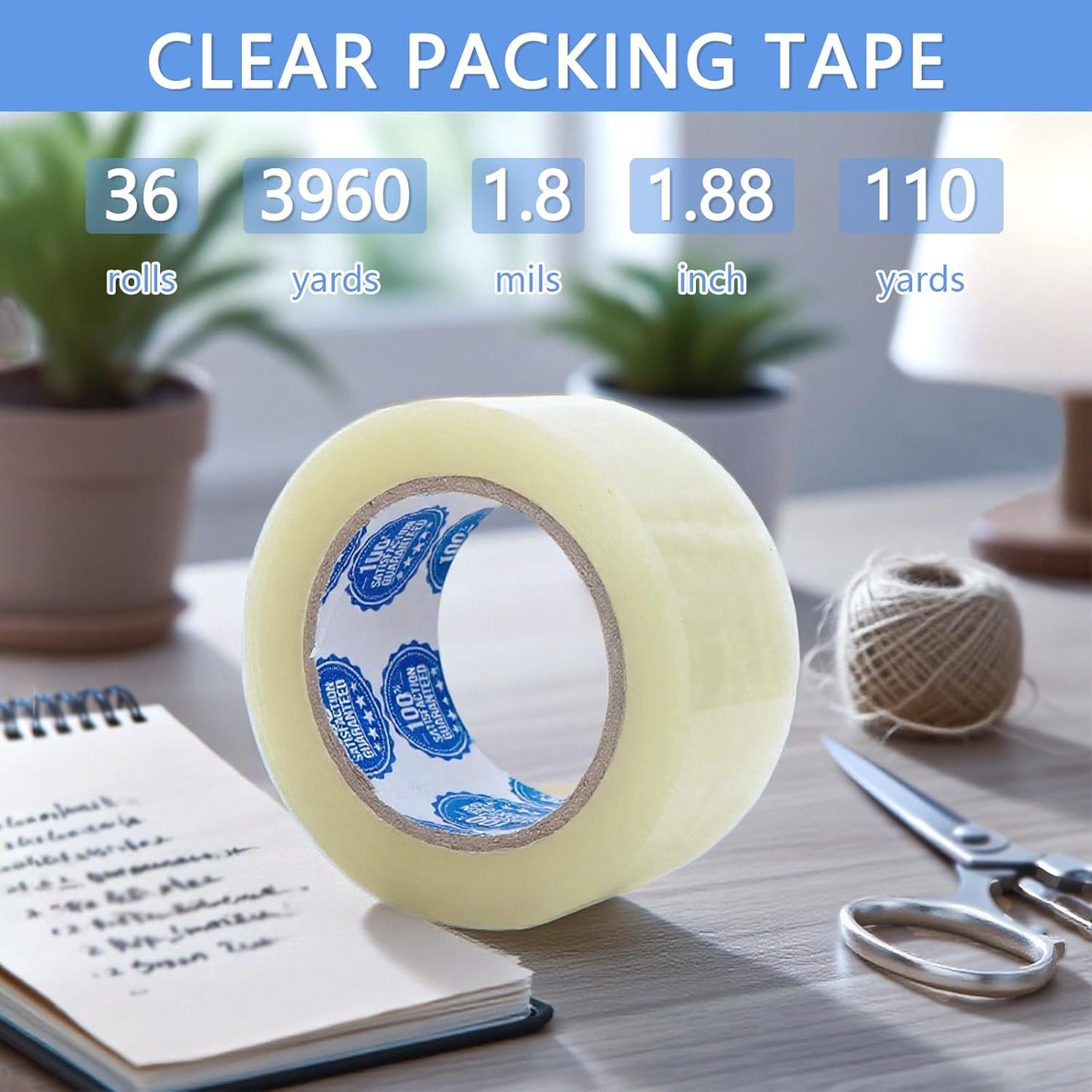 Extra Long Packing Tape 110 Yards (2X Length) - 36 Rolls Clear Heavy Duty, 2 Inch x 1.8 Mil Adhesive for Shipping, Moving & Storage