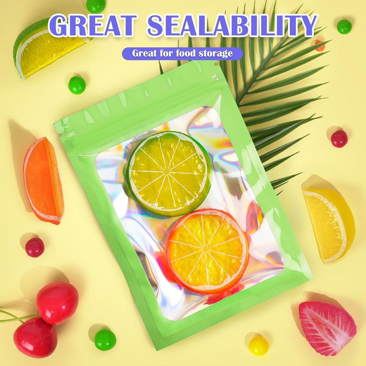 300 Pcs Mylar Bags, Smell Proof Bags Foil Pouch, Holographic Resealable Bags for Small Business, Candy Sample Jewelry Bag Sealable Packaging for Party Favor Food Storage (5.5x7.9in-Green)