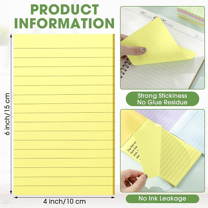 Seajan 48 Pcs Lined Sticky Notes 4 x 6 Self Stick Note Pads 6 Bright Colors - Image 2
