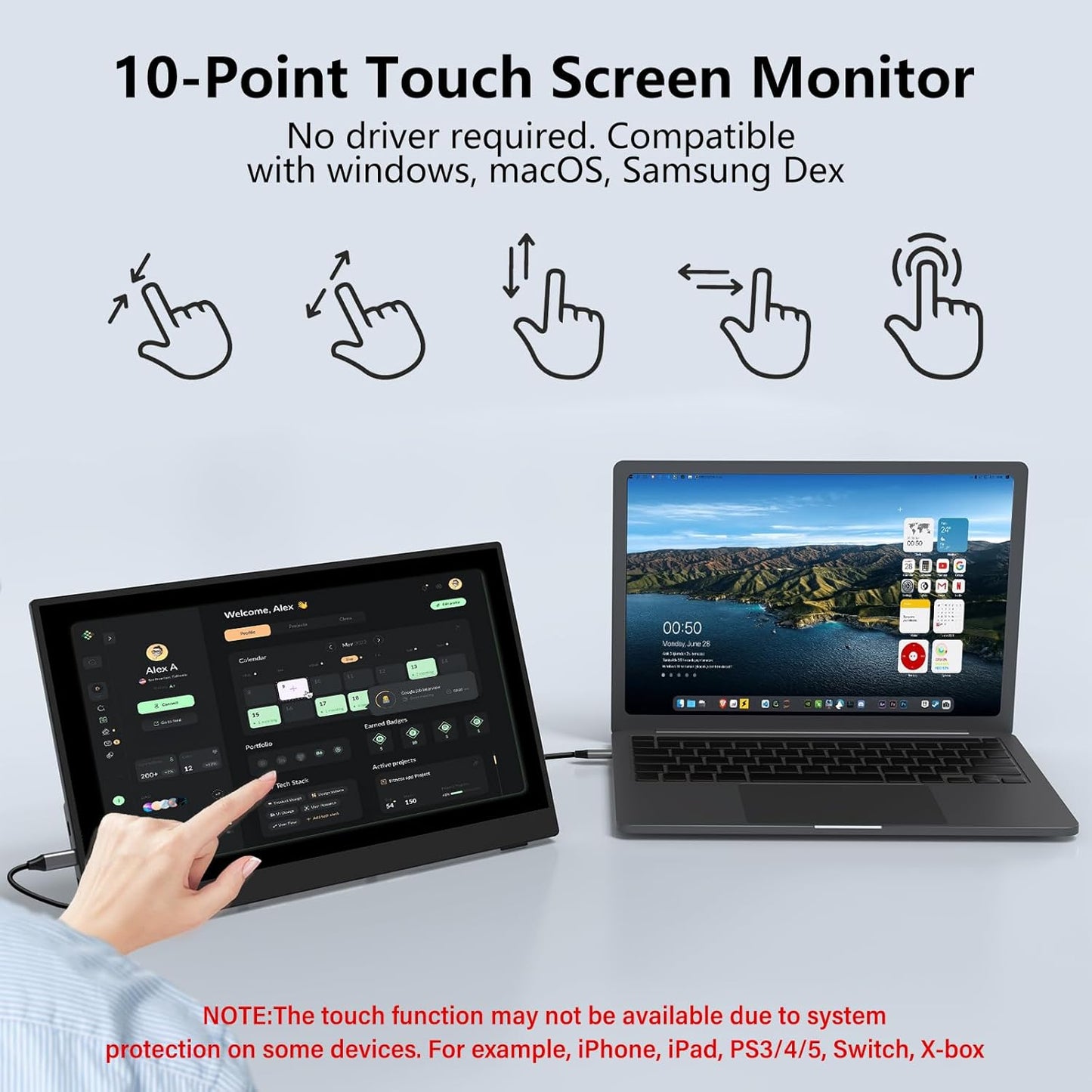 InnoView Portable Monitor Touchscreen 15.6" 1080P 10-Point Touch Screen Monitor Portable with Protective Sleeve Built-in Stand, 1200:1 HDMI USB C Travel Monitors for Laptop, PC, Phone