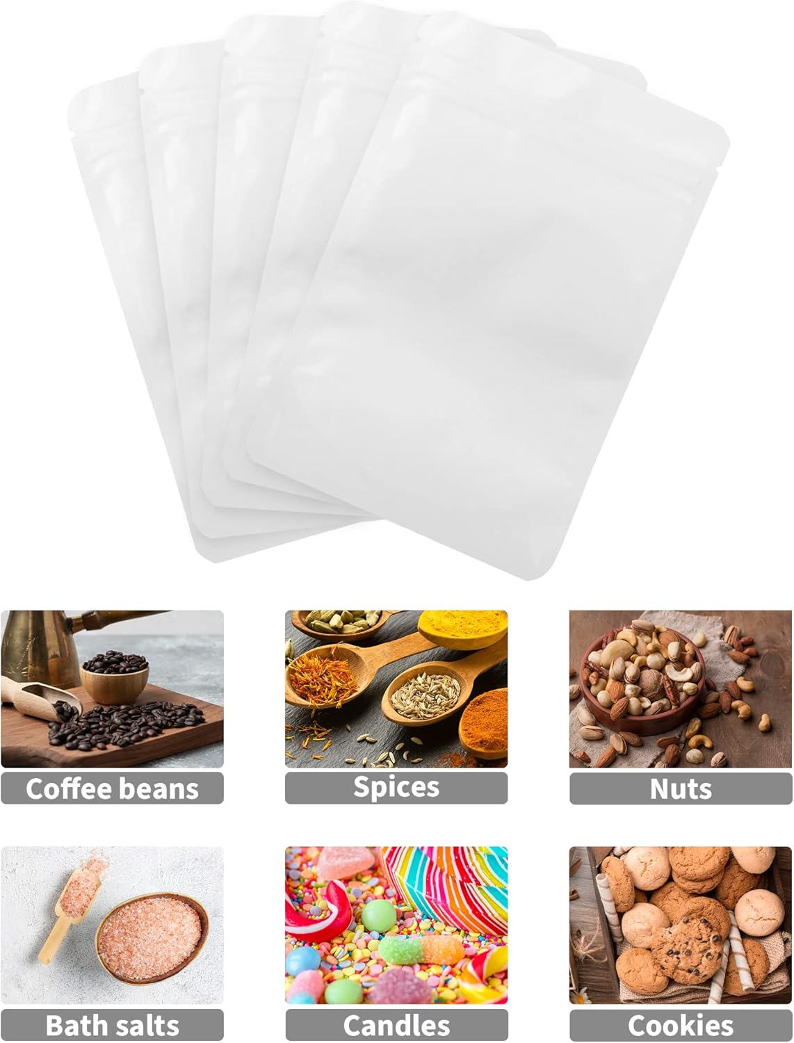 100 Pack Resealable Stand Up Bags,Smell Proof Pouch Sealable Foil Pouch Bags for Packaging (White, 4" x 6")