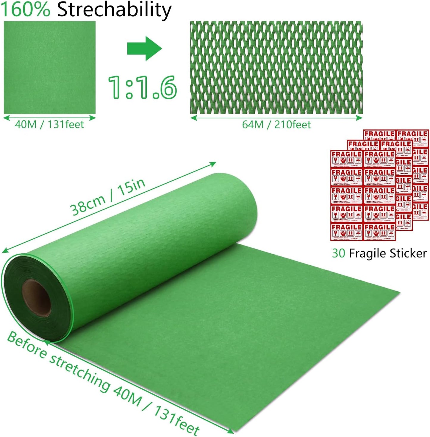 Honeycomb Packing Paper PINENUTS 15" x 131' Eco Friendly Packing Paper for Moving Recyclable Honeycomb Paper Bubble Paper Wrapping with 30 Fragile Sticker Labels and 66fthemp rope (Christmas green)