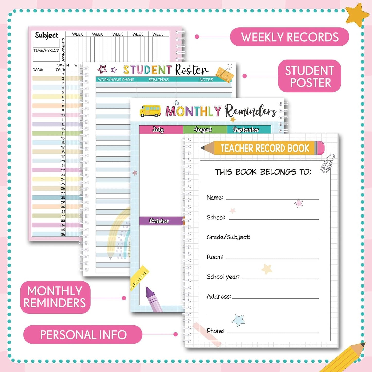 Teacher Record Book Teacher Grade Book Spiral Bound Record Class Gradebook Office Favors Gift for Classroom Attendance Supplies Decoration Double Sided Color Printing(Retro)
