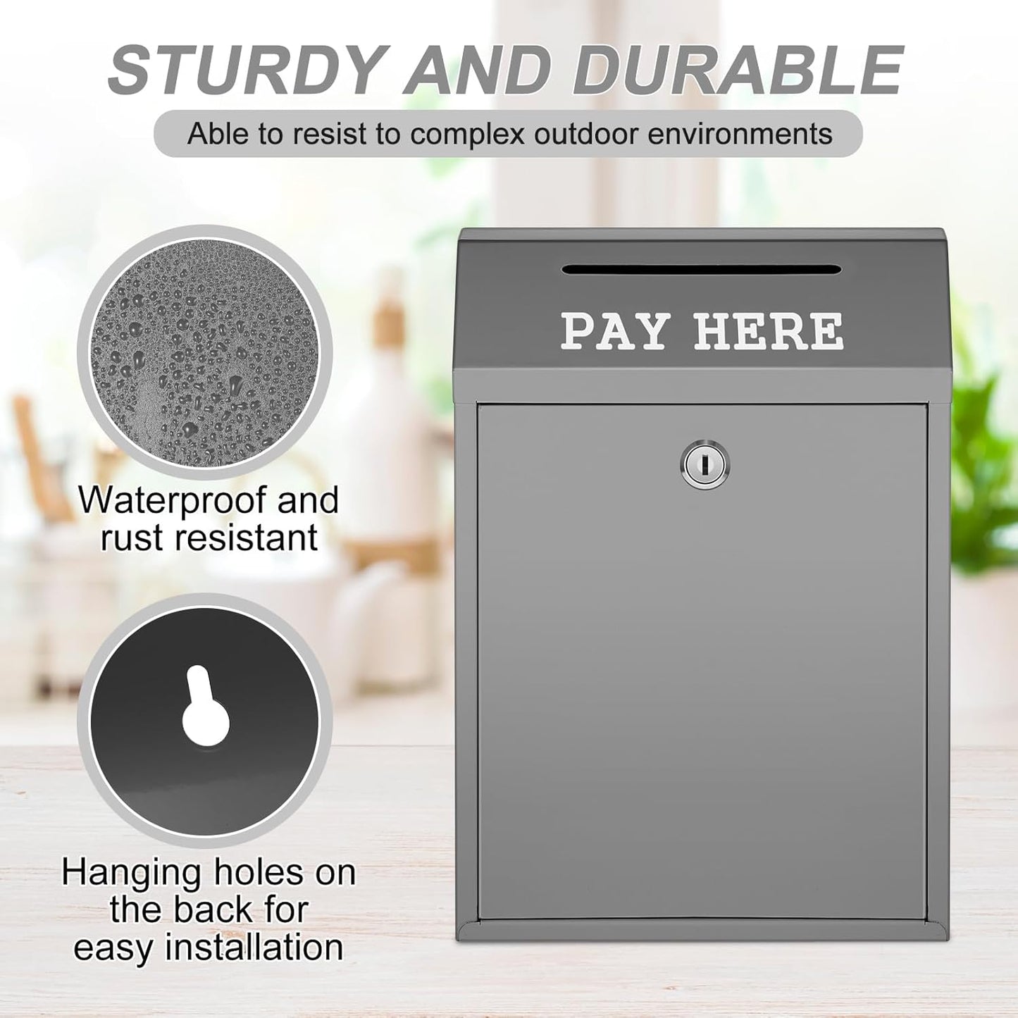 Safe Cash Box Money Collection Metal Donation Box with Lock Wall Mount Pre Drilled Mailbox Delivery Ballot for Home Office Outdoor Self Serve Stand(Gray,11.8 x 8.6 x 4.7 Inch)