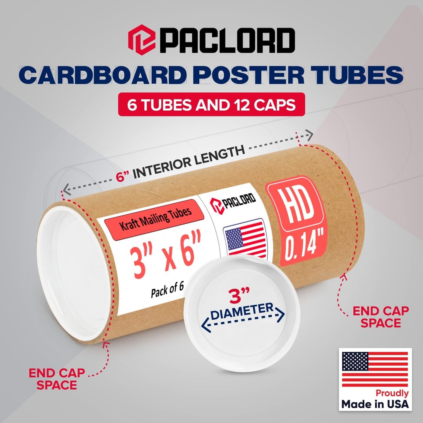3" x 6" Heavy-Duty Reinforced Cardboard Mailing Tube, Pack of 6 Tubes with 12 Caps – Secure USPS Approved – Great for Shipping and Storing of Prints, Artwork, Posters or Documents