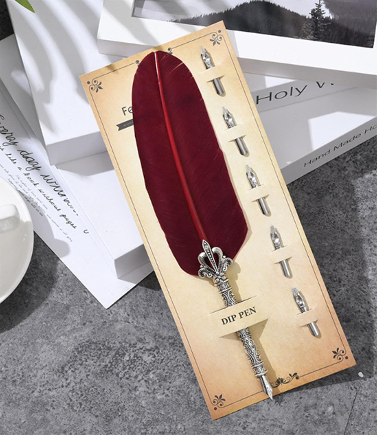 Gullor Calligraphy Feather Quill Pen and 5 Calligraphy Nibs for Beginners Kids Calligraphy Writing Quill Dip Pen Set, WineRed