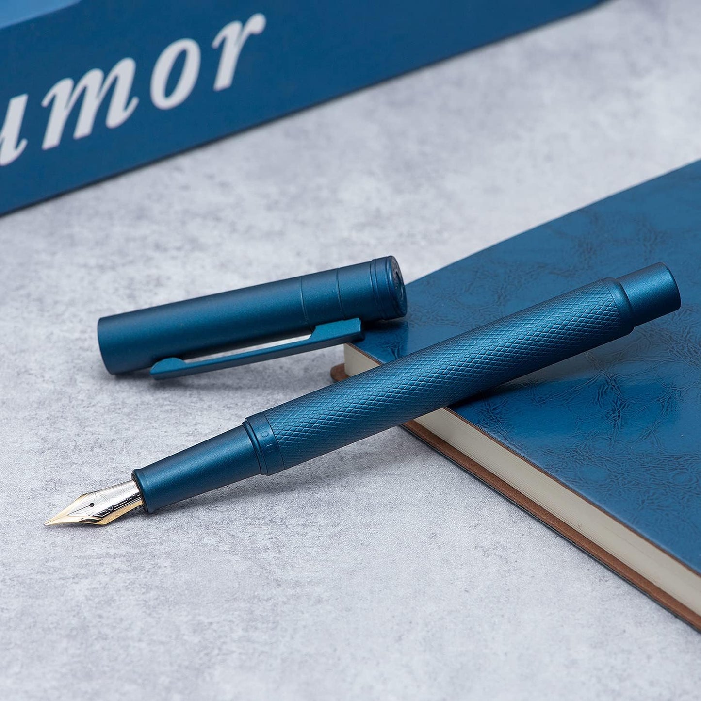 Hongdian 1851 Dark Blue Forest Fountain Pen Blade Nib Classic Design Calligraphy Pen with Converter and Metal Pen Case Set