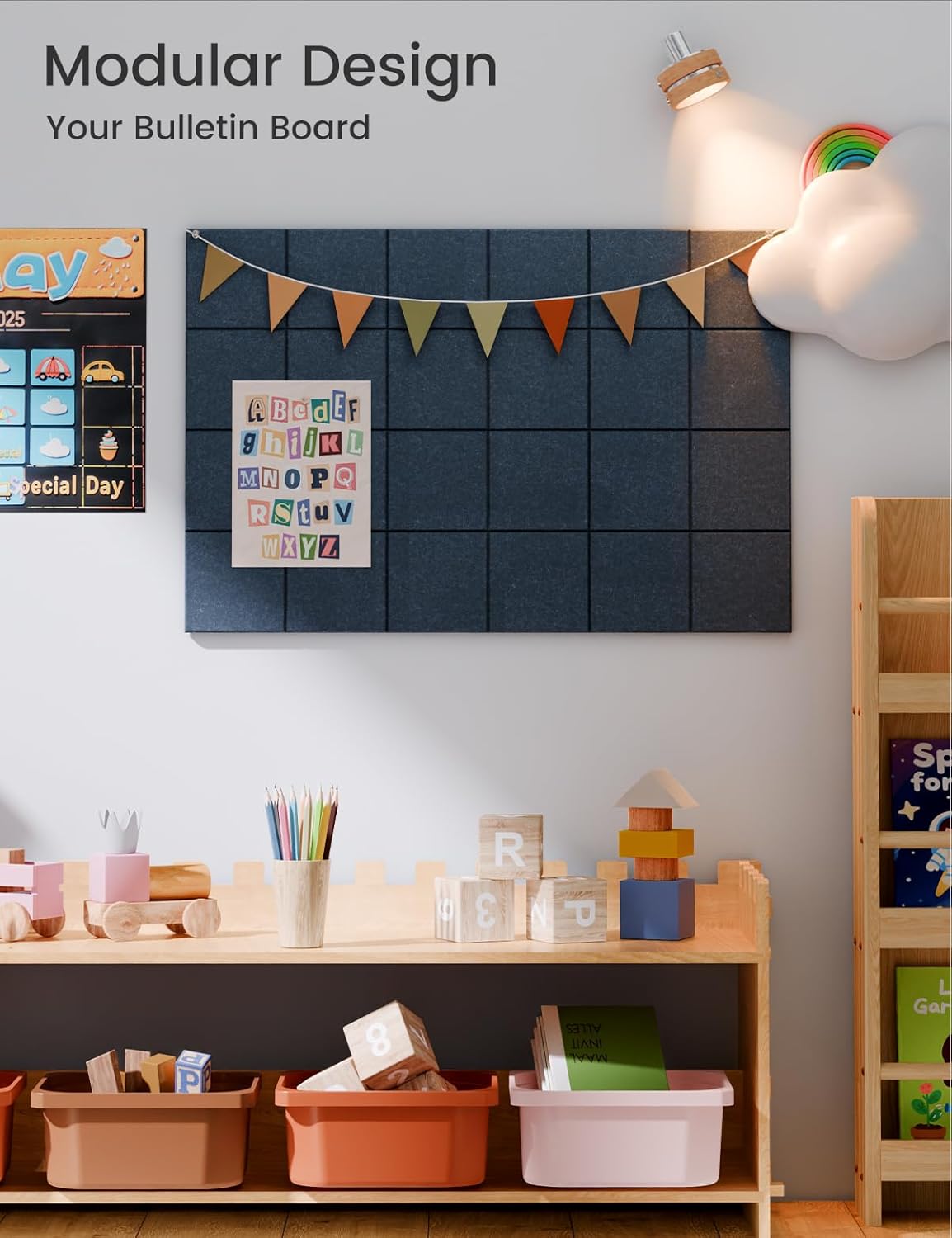 Felt Bulletin Board Tiles -28"x18" Cork Board Alternative for Office Decor, Push Pin Board Wall Organizer 6-Pack-Denim Blue