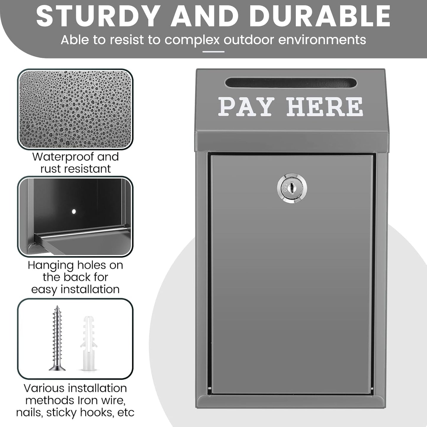 Safe Cash Box Money Collection Metal Donation Box with Lock Wall Mount Pre Drilled Mailbox Delivery Ballot for Home Office Outdoor Self Serve Stand(Grey,10.2 x 5.7 x 2.8 Inch)