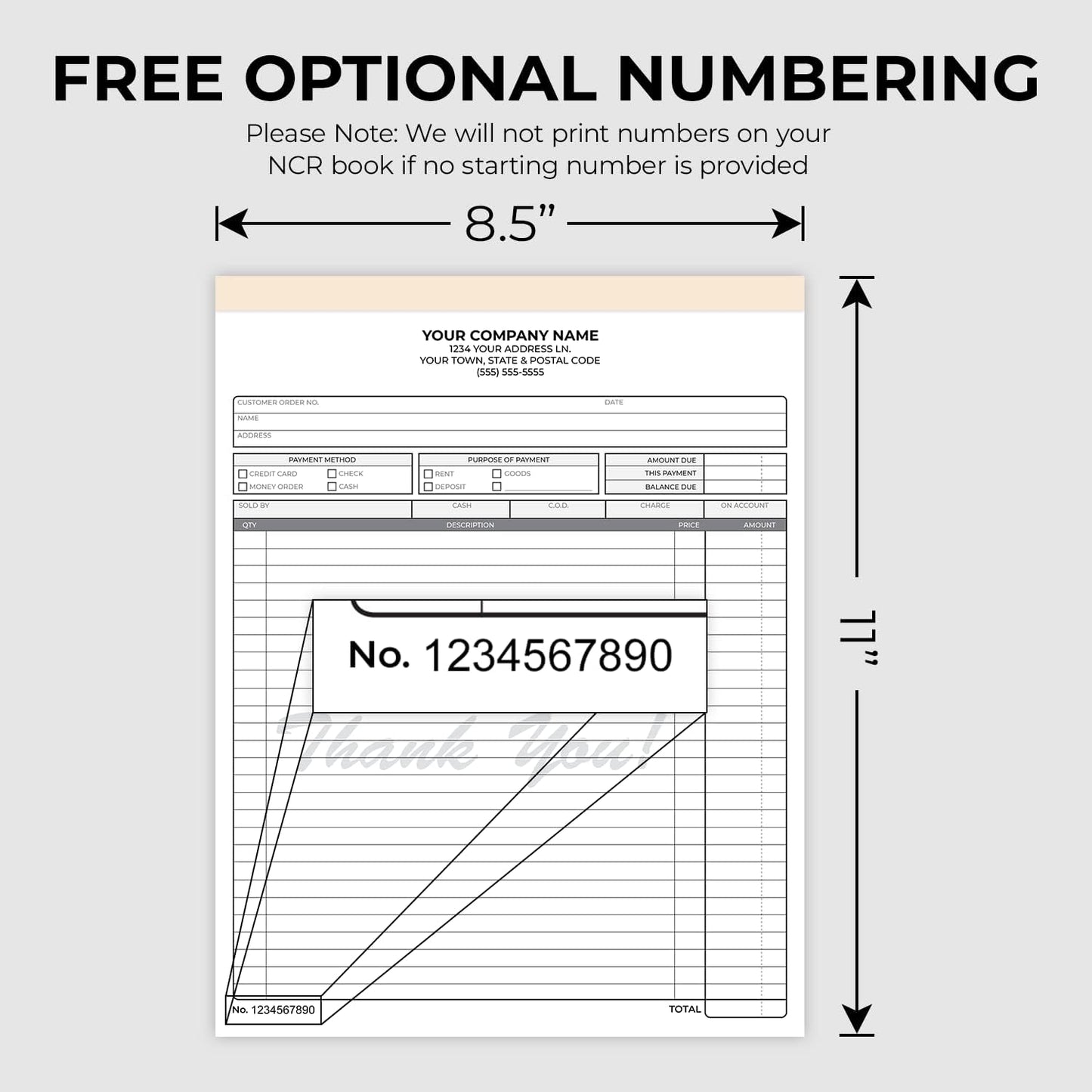 Custom 8.5" x 11" Carbonless NCR Books in 3-Part Triplicate Invoices, Receipts, Work Orders, Sales Orders, Purchase Orders, Estimates, Quote Forms with Your Company/Business Name (66 Sets)