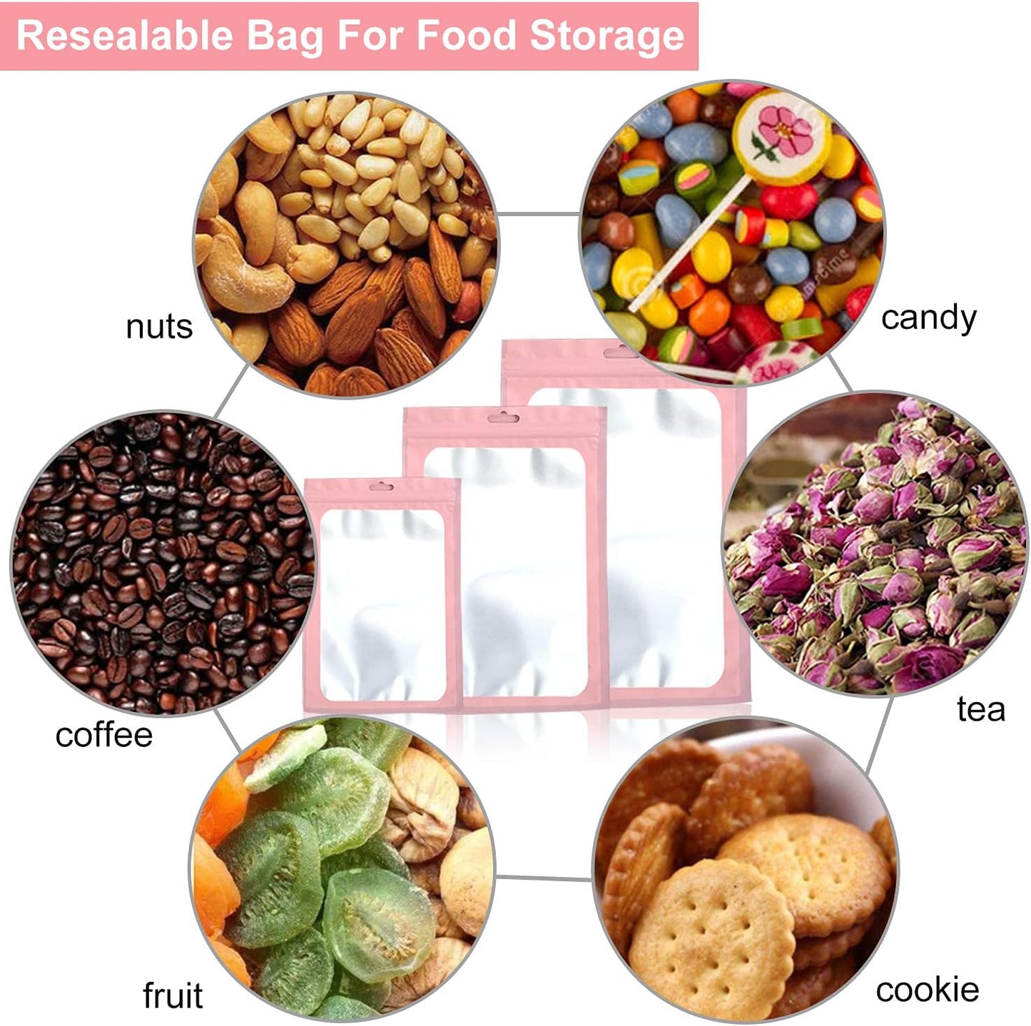 300 Pack 3 Sizes Resealable Mylar Bags Food Storage Smell Proof Bags with Front Window Packaging Pouch for Sample Snack Cookies Jewelry (Pink, 3 x 4.7 inch,4 x 6 inch,4.7 x 7.9 inch)