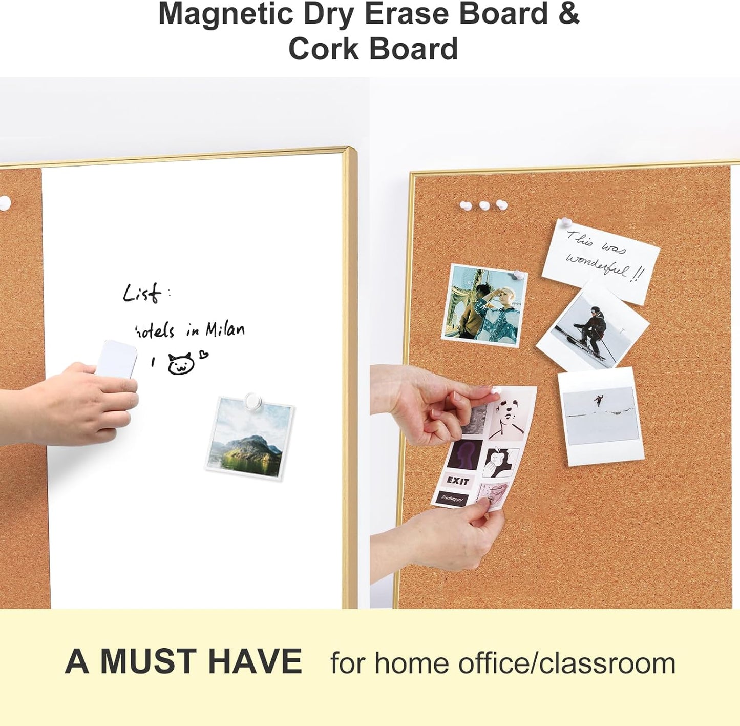 ARCOBIS Cork Board White Board Combo, 36 x 24 Inch Bulletin Board-Gold Frame, Magnetic Dry Erase Board & Corkboard for Wall, Vision Board for Home, Office, School