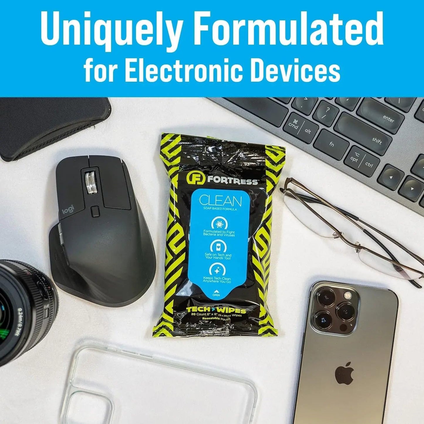 Fortress Electronic Wipes With Microfiber Cloth (25 ct, Pack of 12) To-Go Tech Wipes for Screens, Phones, Keyboards, TV Monitors, Computer Screens, and More [Travel Size] Skin-Safe